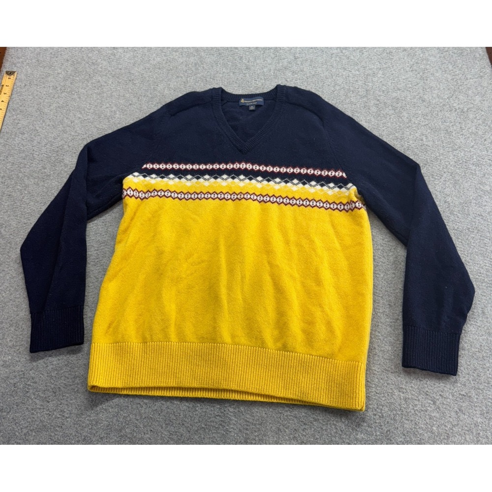 Brooks Brothers V-Neck Sweater XL Navy Italian Yarn Merino Wool Blend Fair Isle